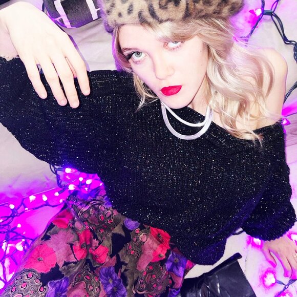 Vintage Valentina Fiore Black and Multicoloured Tinsel Knit V Neck Sweater Sz 44 - Picture 1 of 10